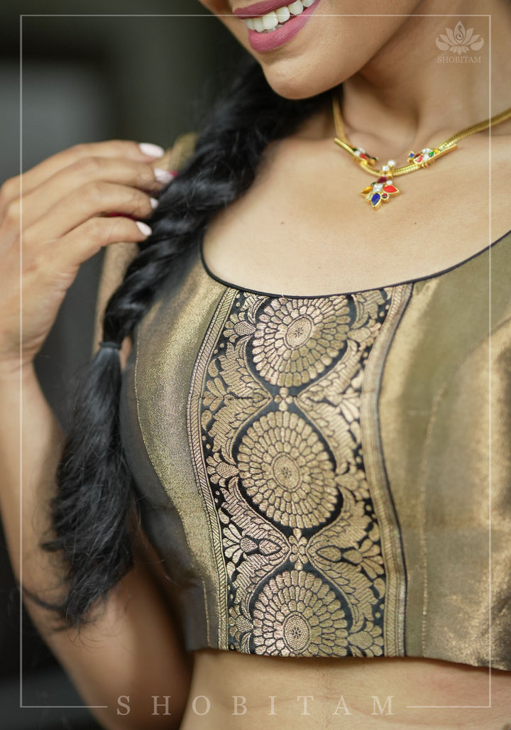 Bronze tissue brocade U  neck sleeveless blouse with black brocade detailing