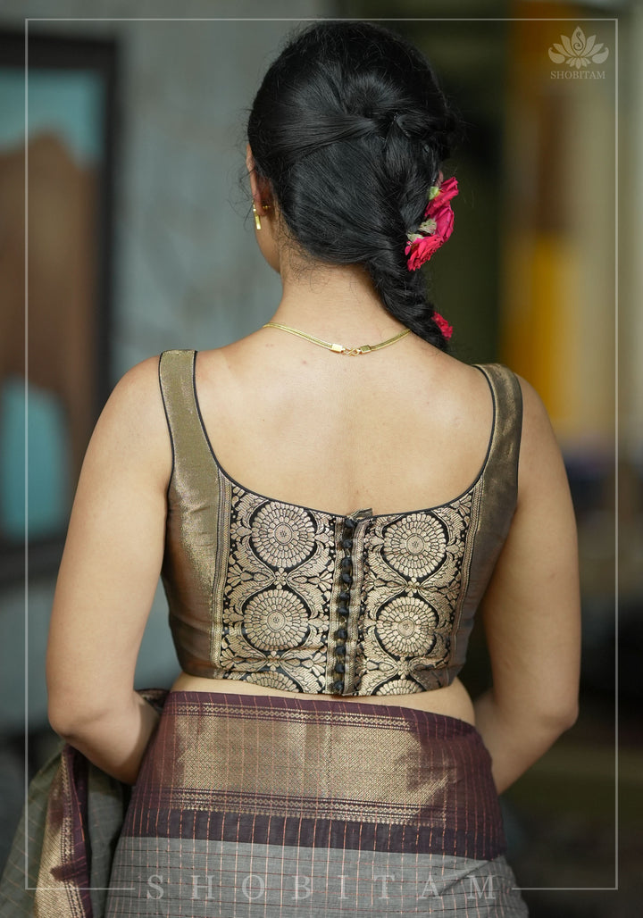 Bronze tissue brocade U  neck sleeveless blouse with black brocade detailing
