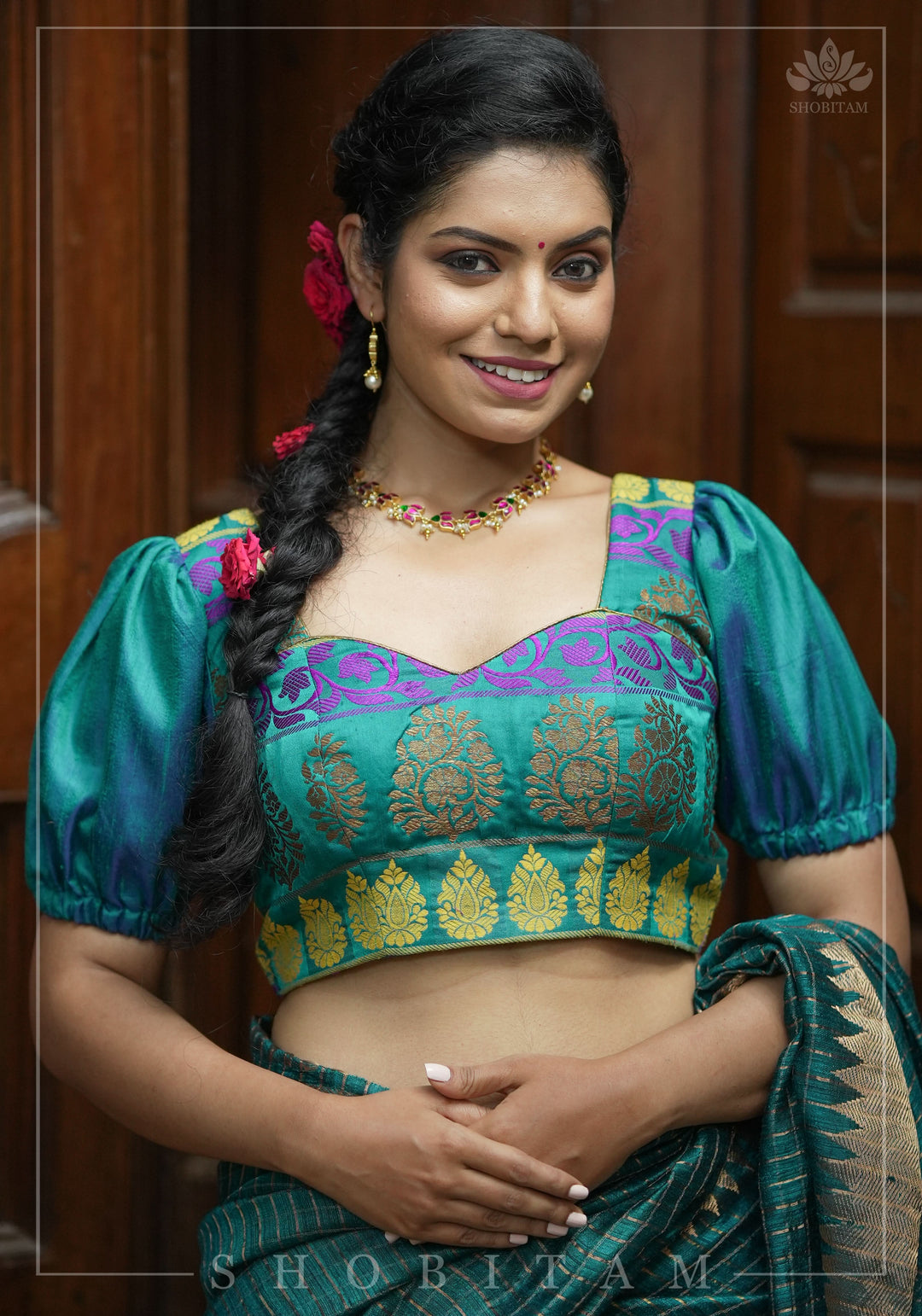 Teal brocade & pure rawsilk sweet heart neck blouse with sleeve detailing, Made to Order