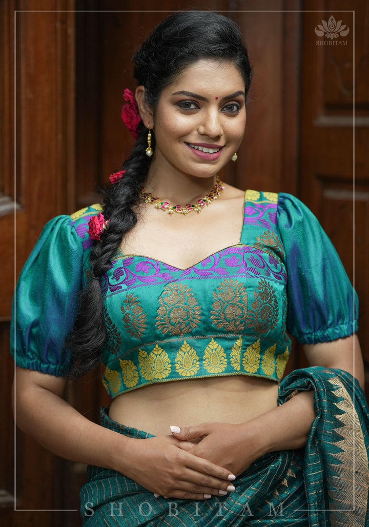 Teal brocade & pure rawsilk sweet heart neck blouse with sleeve detailing, Made to Order