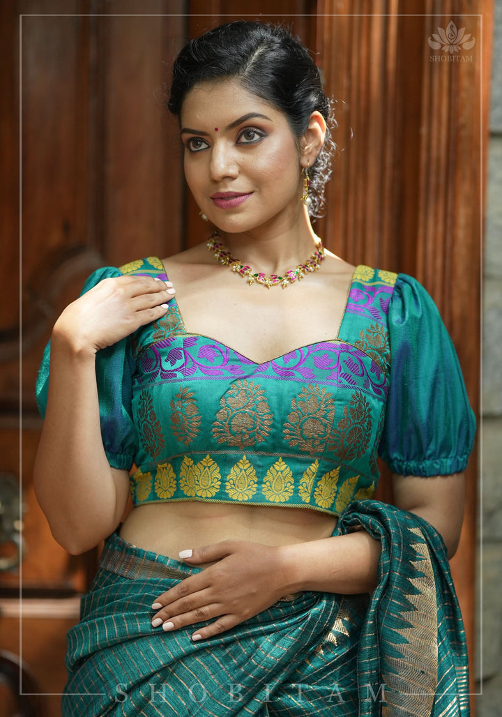 Teal brocade & pure rawsilk sweet heart neck blouse with sleeve detailing, Made to Order