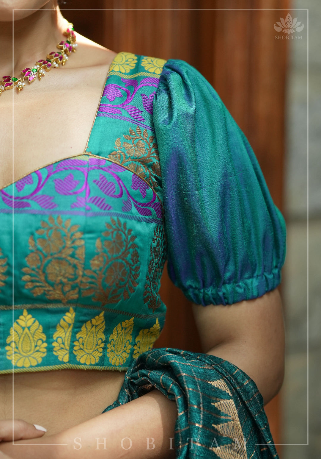 Teal brocade & pure rawsilk sweet heart neck blouse with sleeve detailing, Made to Order
