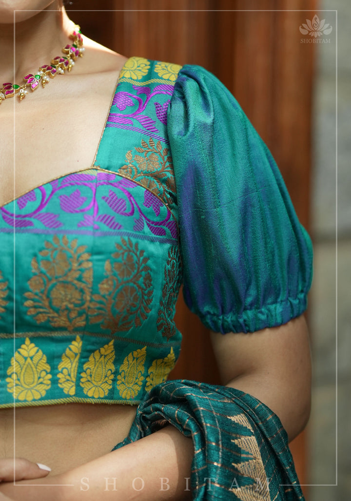 Teal brocade & pure rawsilk sweet heart neck blouse with sleeve detailing, Made to Order