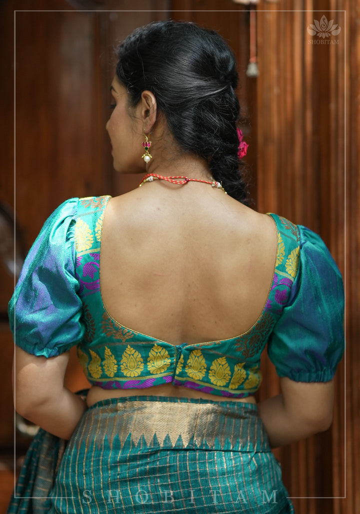 Teal brocade & pure rawsilk sweet heart neck blouse with sleeve detailing, Made to Order