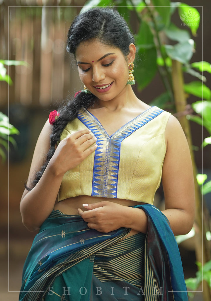 Muted Gold V neck neck sleeveless blouse with blue temple border, Made to Order