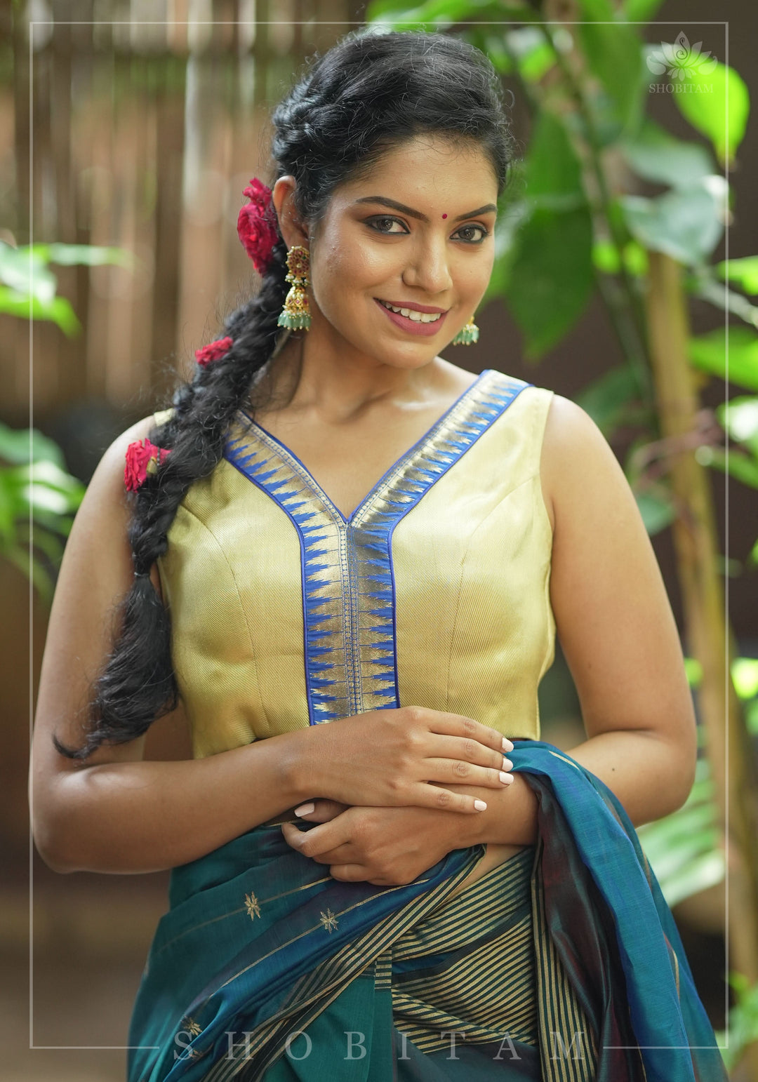 Muted Gold V neck neck sleeveless blouse with blue temple border, Made to Order