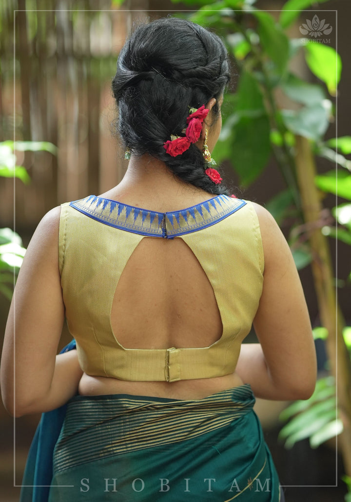 Muted Gold V neck neck sleeveless blouse with blue temple border, Made to Order