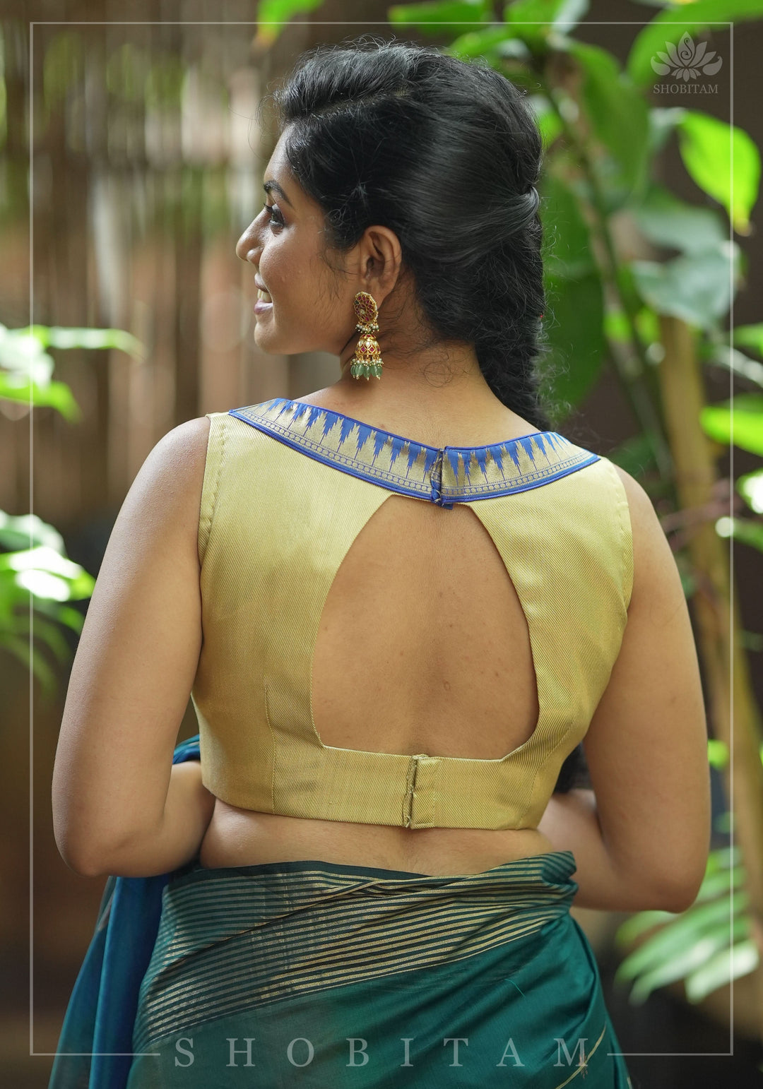 Muted Gold V neck neck sleeveless blouse with blue temple border, Made to Order