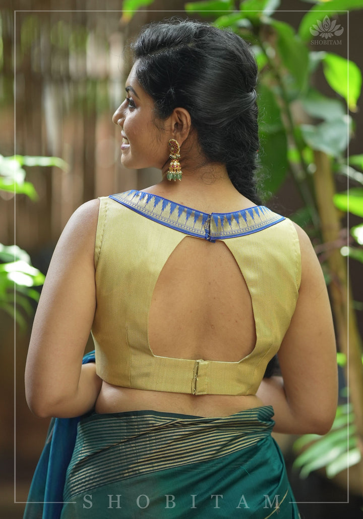 Muted Gold V neck neck sleeveless blouse with blue temple border, Made to Order