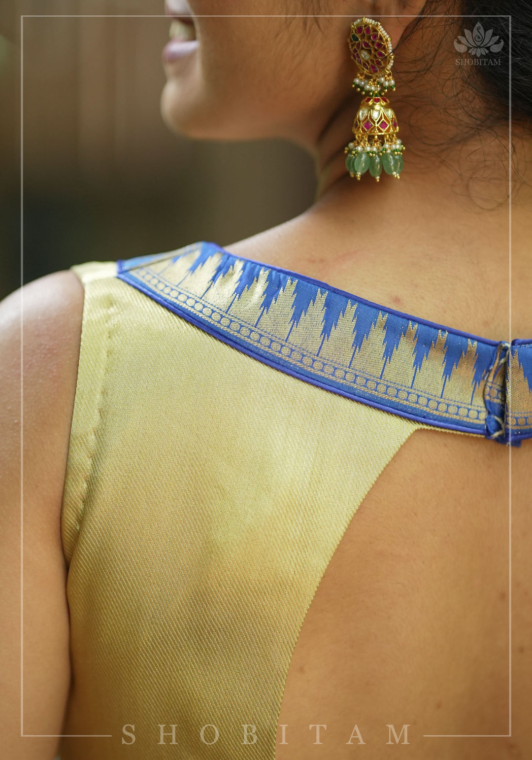 Muted Gold V neck neck sleeveless blouse with blue temple border, Made to Order