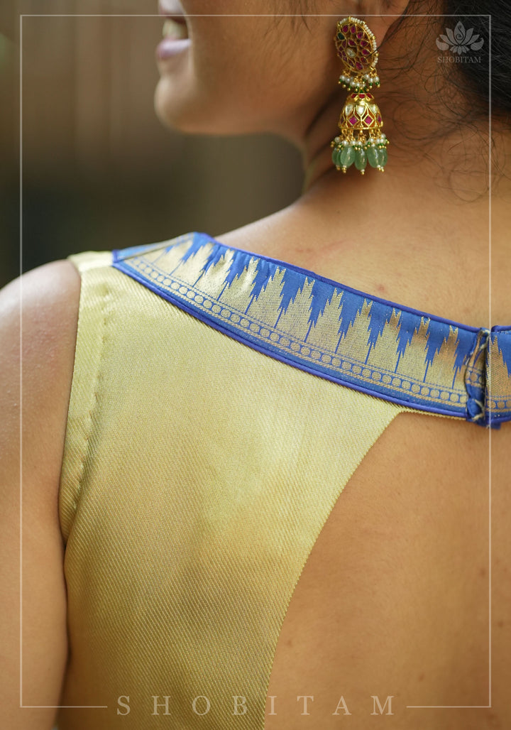 Muted Gold V neck neck sleeveless blouse with blue temple border, Made to Order