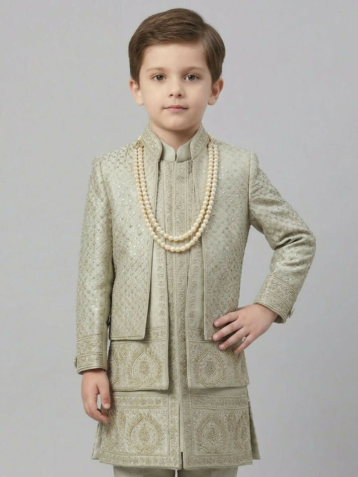 Boys Embroidered Light Grey Sherwani Set with Jacket, Trousers and Pearl Chain | SHOBITAM