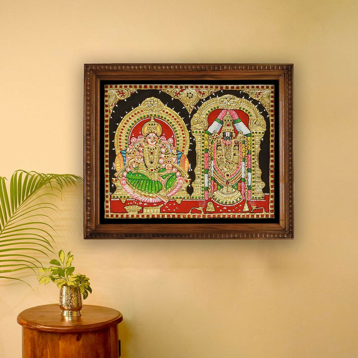 15x12" Tanjore painting of Lord Balaji with Lakshmi, Authentic With 22 Ct gold Foil and Jaipur Gemstones, Unframed