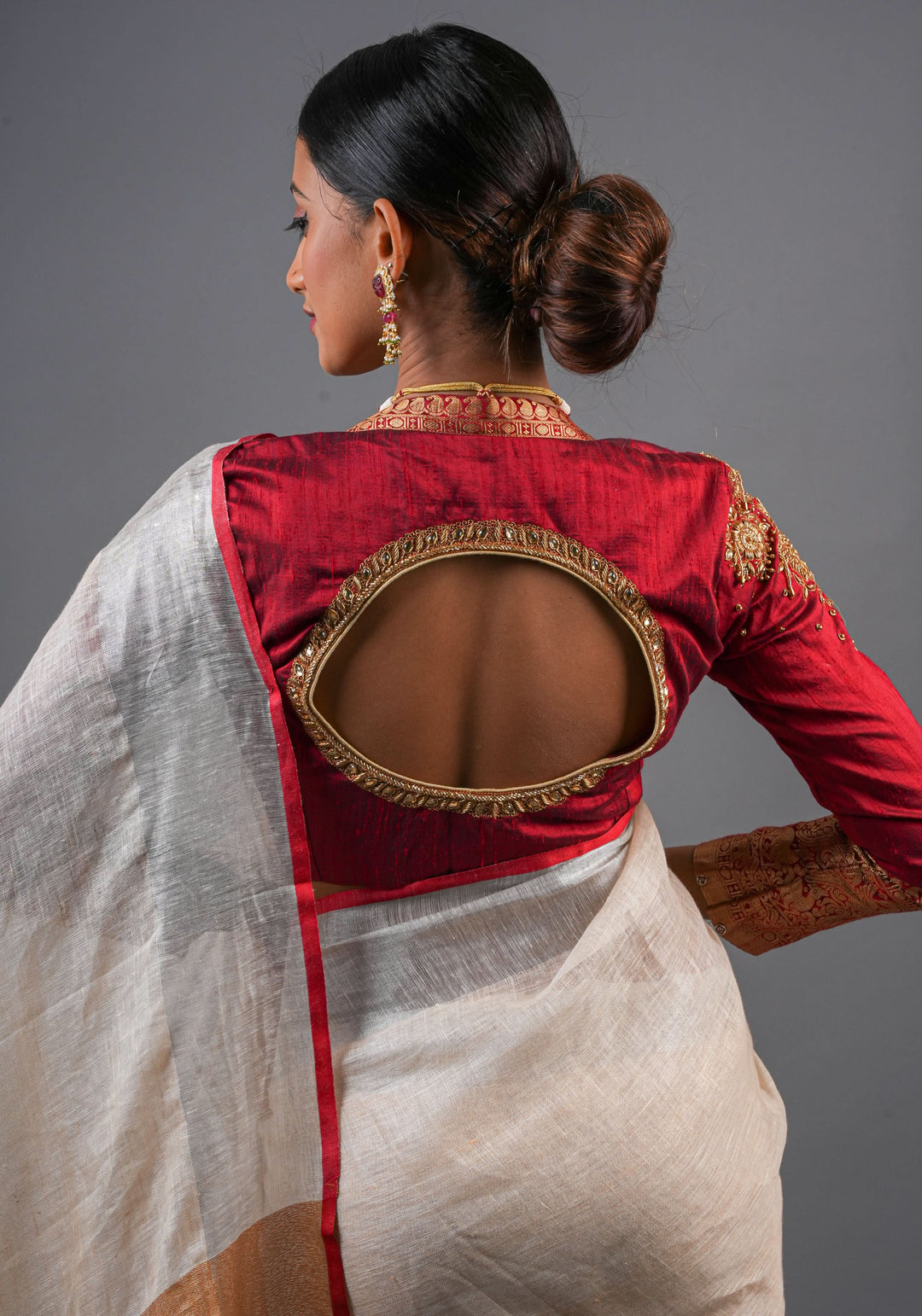 Maroon Pure raw silk blouse with  full sleeves and Heavy Zardozi work on upper sleeve and back, Made to Order