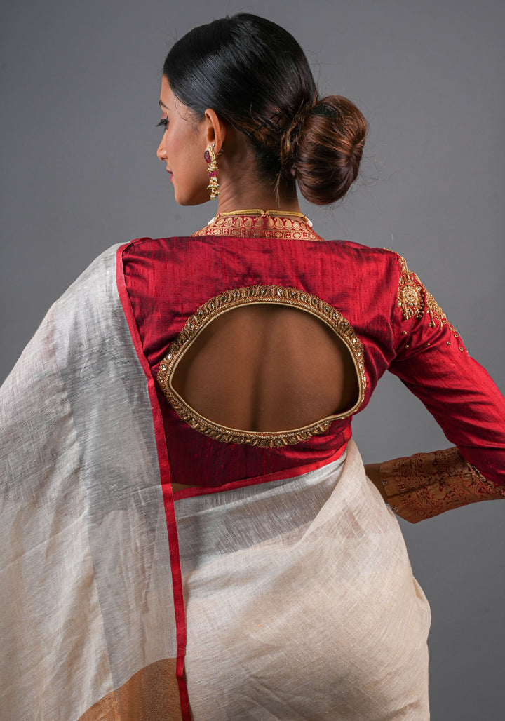 Maroon Pure raw silk blouse with  full sleeves and Heavy Zardozi work on upper sleeve and back, Made to Order