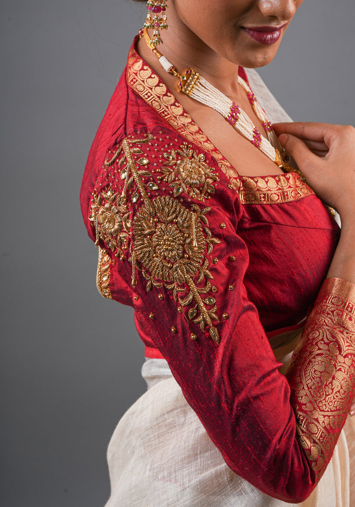Maroon Pure raw silk blouse with  full sleeves and Heavy Zardozi work on upper sleeve and back, Made to Order