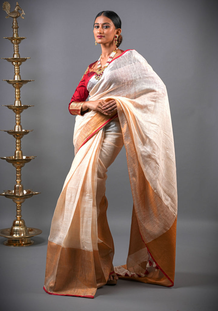 Ivory Ganga Jamuna Zari Border Pure Linen by Linen Saree