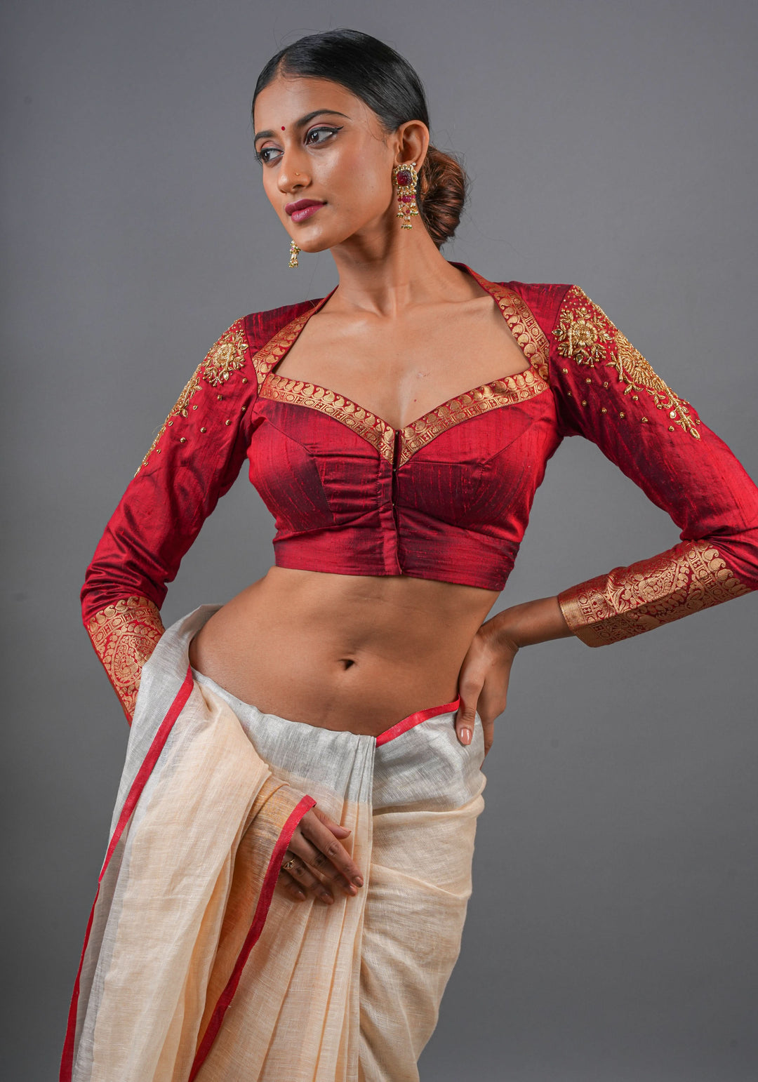Maroon Pure raw silk blouse with  full sleeves and Heavy Zardozi work on upper sleeve and back, Made to Order