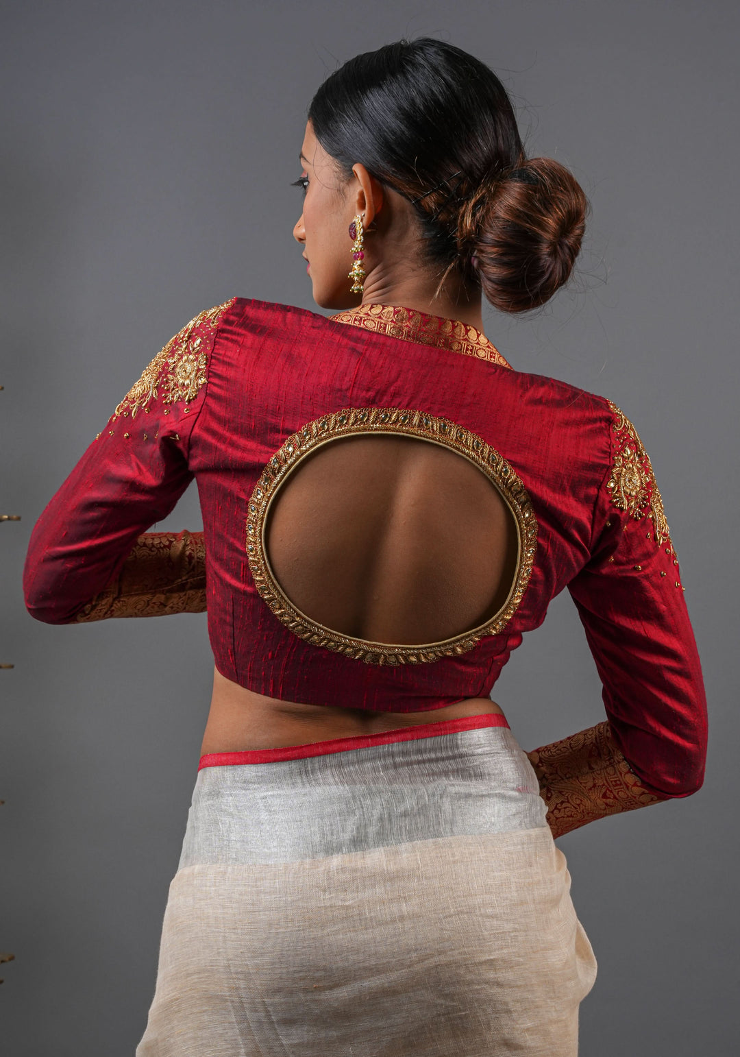 Maroon Pure raw silk blouse with  full sleeves and Heavy Zardozi work on upper sleeve and back, Made to Order