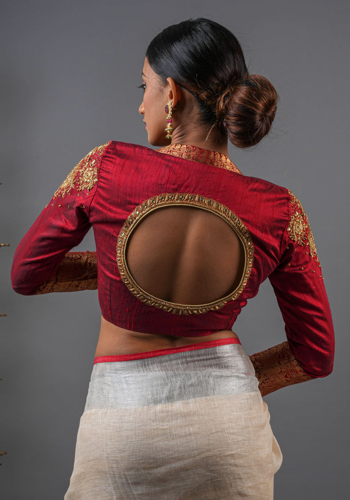 Maroon Pure raw silk blouse with  full sleeves and Heavy Zardozi work on upper sleeve and back, Made to Order
