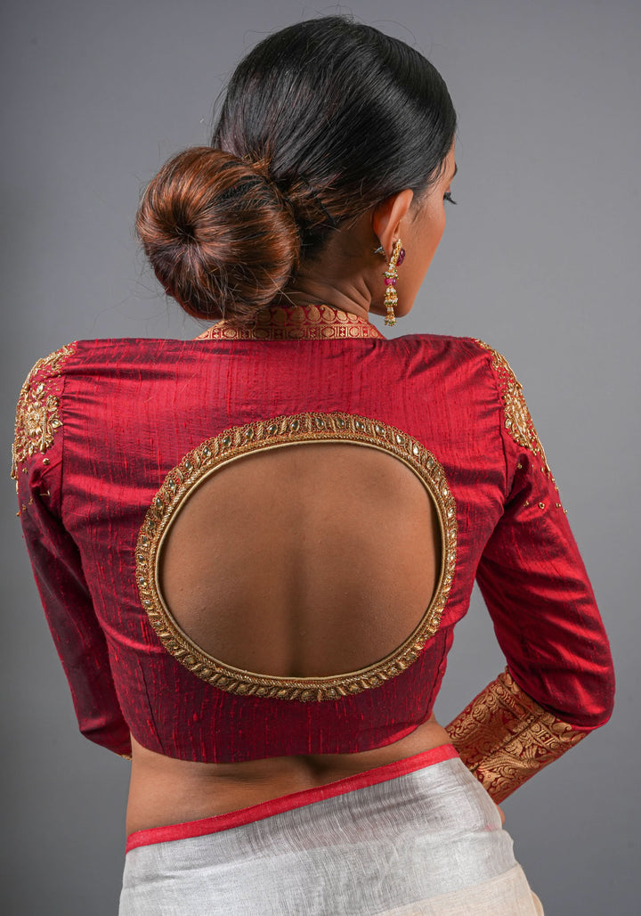 Maroon Pure raw silk blouse with  full sleeves and Heavy Zardozi work on upper sleeve and back, Made to Order