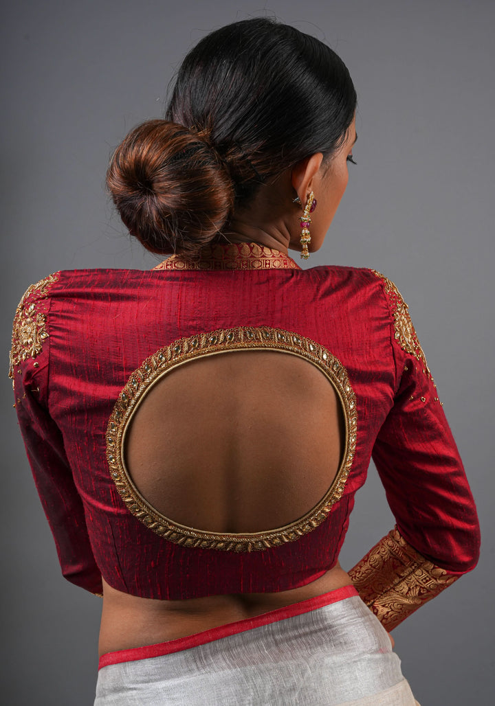 Maroon Pure raw silk blouse with  full sleeves and Heavy Zardozi work on upper sleeve and back, Made to Order