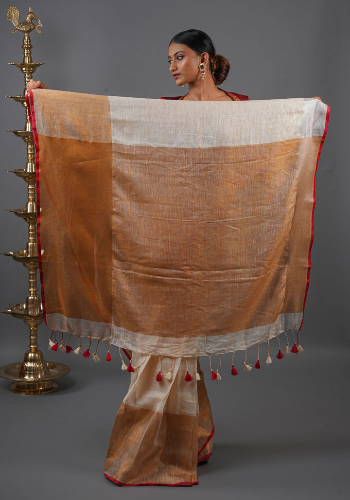 Ivory Ganga Jamuna Zari Border Pure Linen by Linen Saree
