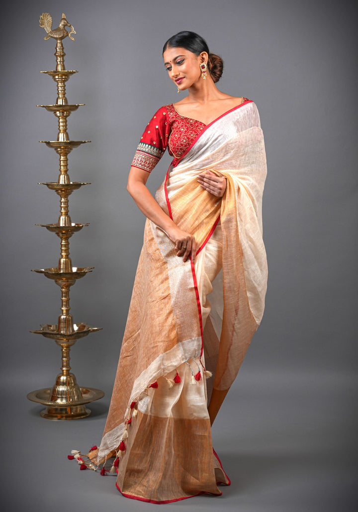 Ivory Ganga Jamuna Zari Border Pure Linen by Linen Saree