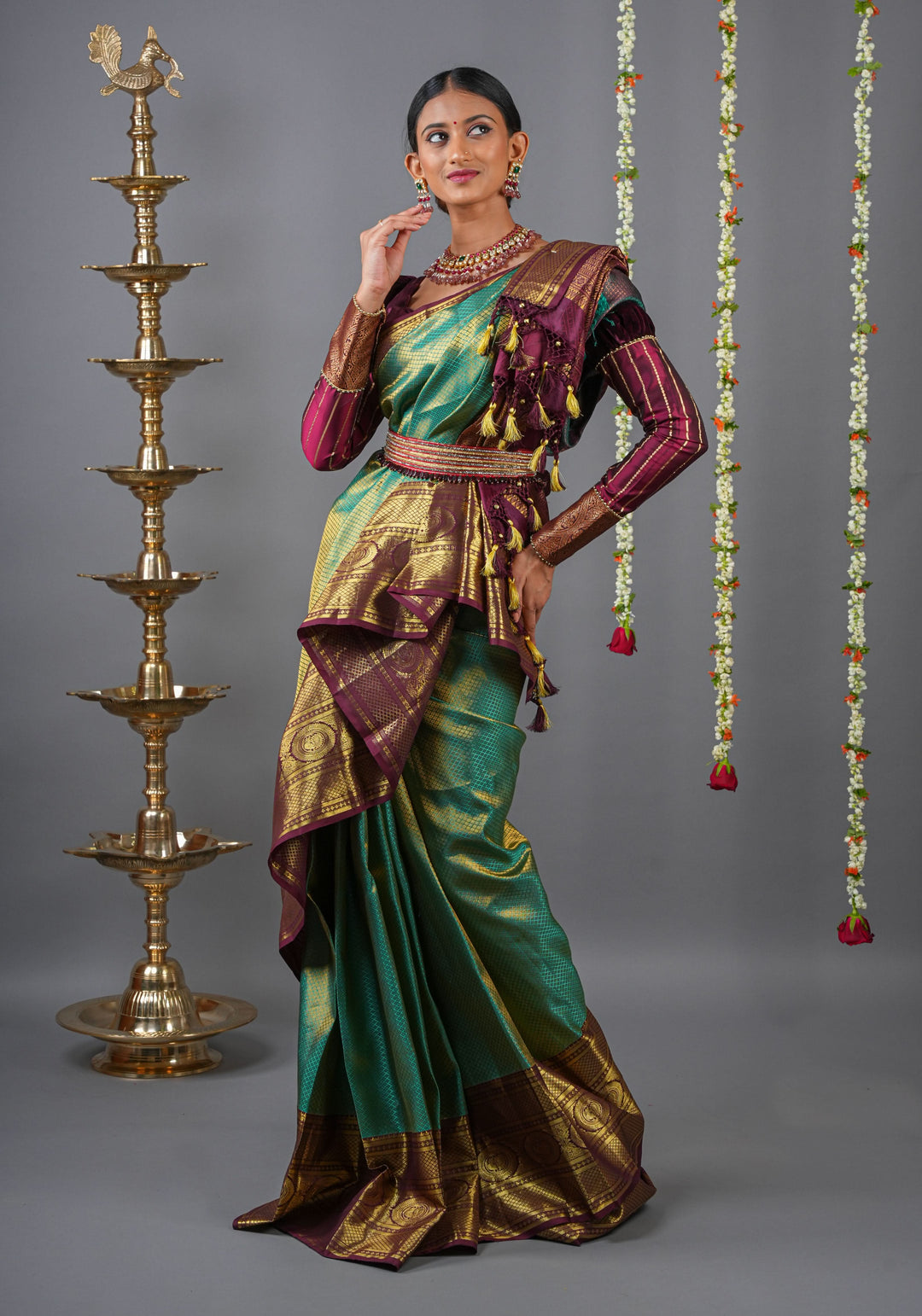 Brocade Kanjivaram Pure Silk Saree in Sea Green and Brown  | SILK MARK CERTIFIED