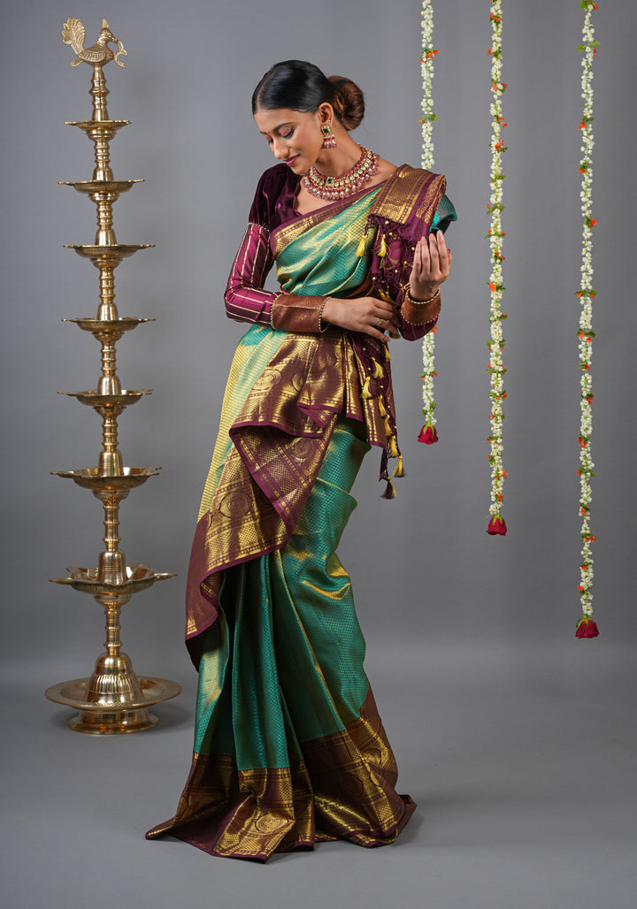 Brocade Kanjivaram Pure Silk Saree in Sea Green and Brown  | SILK MARK CERTIFIED