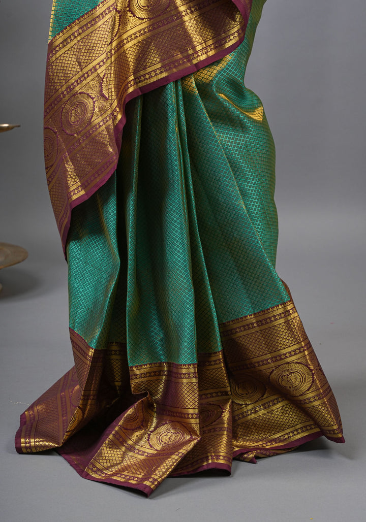 Brocade Kanjivaram Pure Silk Saree in Sea Green and Brown  | SILK MARK CERTIFIED