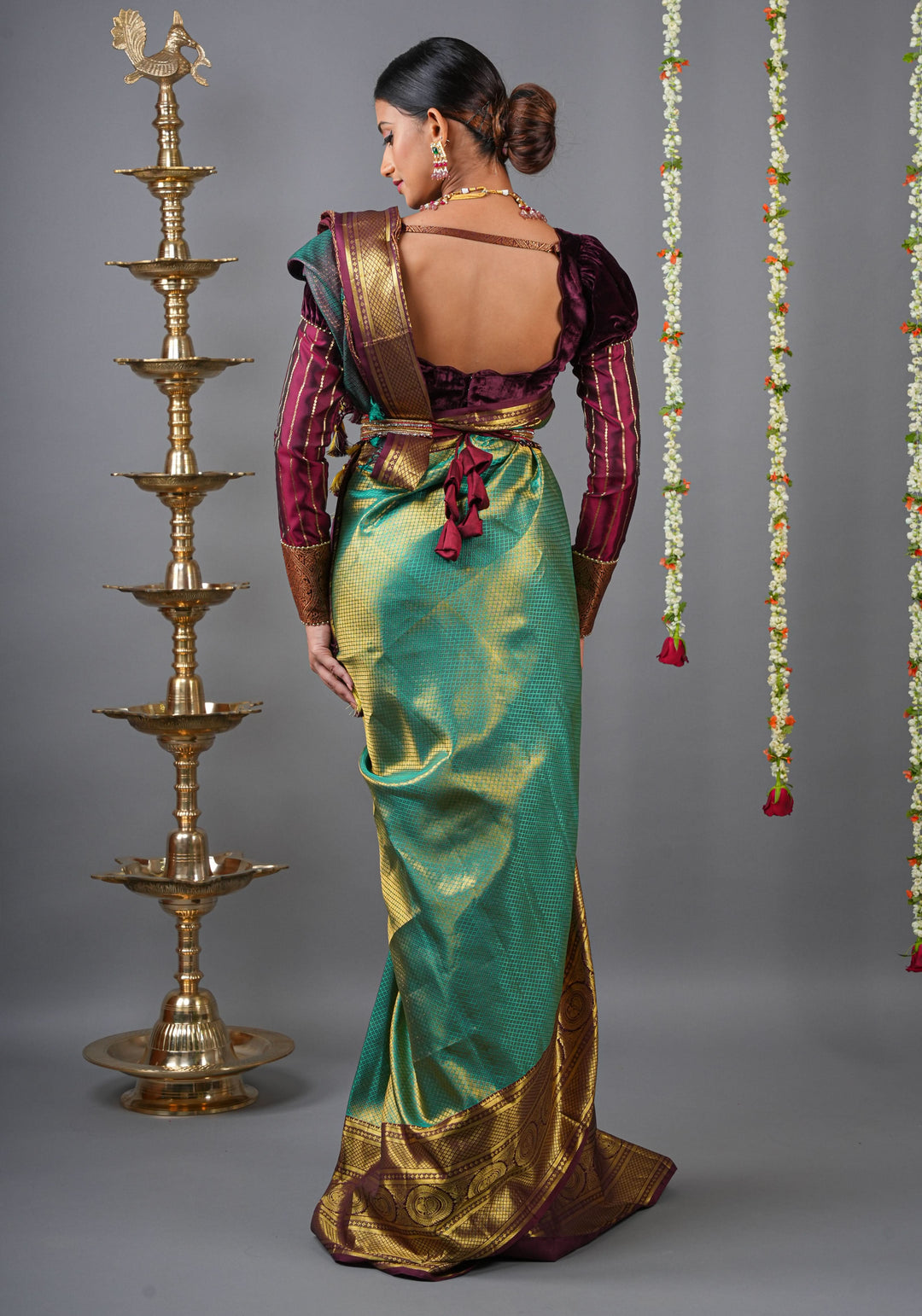 Brocade Kanjivaram Pure Silk Saree in Sea Green and Brown  | SILK MARK CERTIFIED