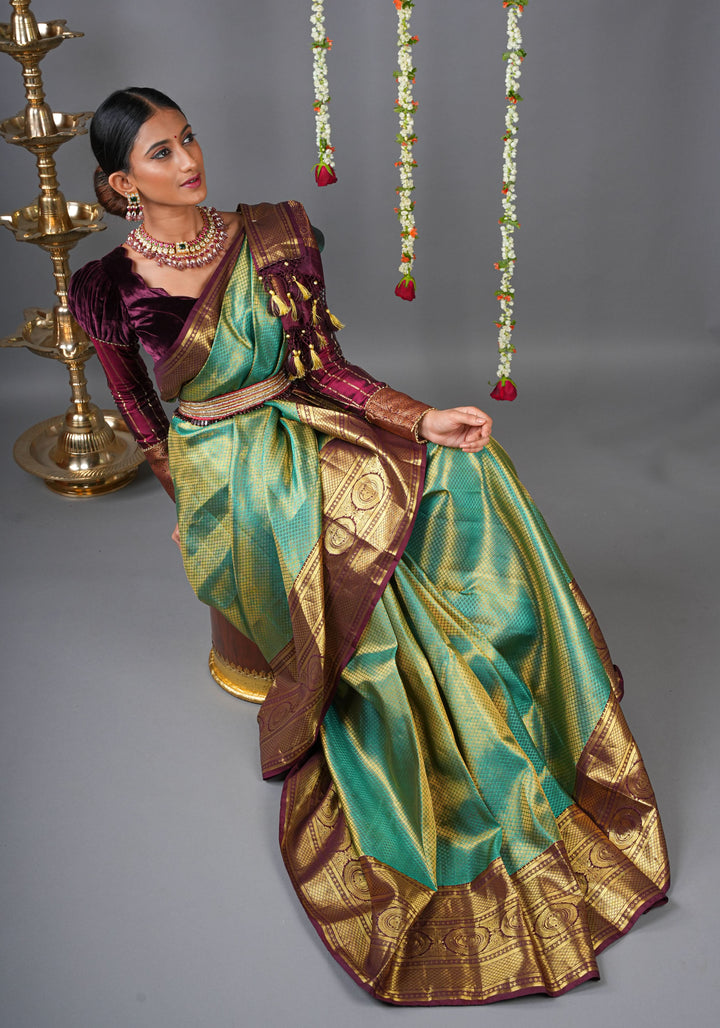 Brocade Kanjivaram Pure Silk Saree in Sea Green and Brown  | SILK MARK CERTIFIED