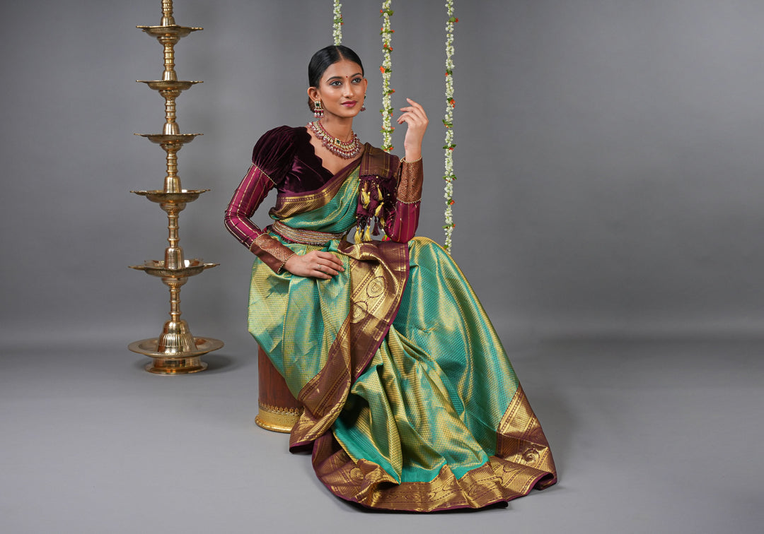 Brocade Kanjivaram Pure Silk Saree in Sea Green and Brown  | SILK MARK CERTIFIED