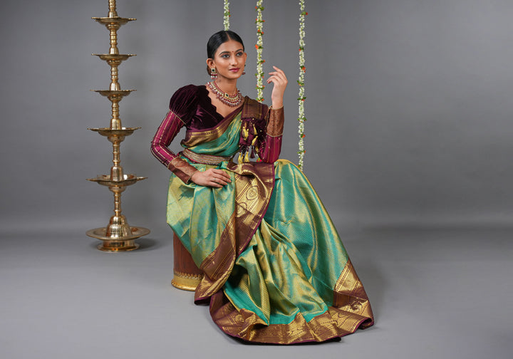 Brocade Kanjivaram Pure Silk Saree in Sea Green and Brown  | SILK MARK CERTIFIED