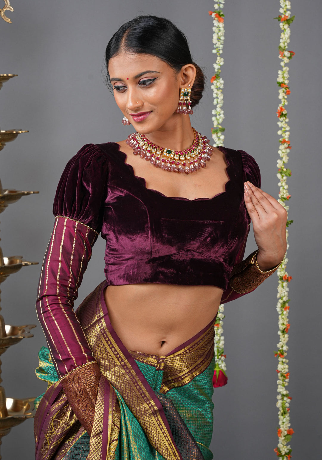 Made To Order: Pure Silk Velvet Scallop neck blouse with pure silk sleevs puff detailing