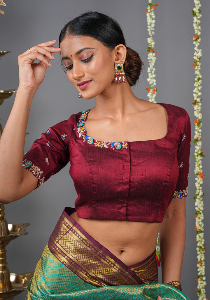 Made To Order: Maroon Pure Raw Silk Heavy Hand work Meenakari and Zardosi Peacock Design Blouse