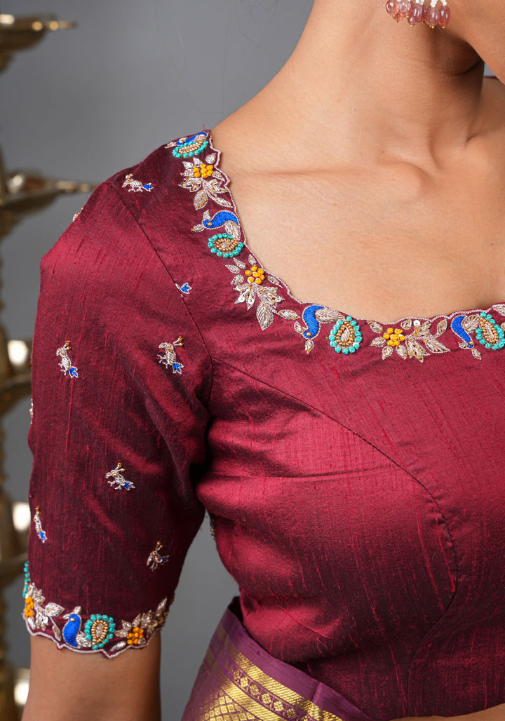 Made To Order: Maroon Pure Raw Silk Heavy Hand work Meenakari and Zardosi Peacock Design Blouse