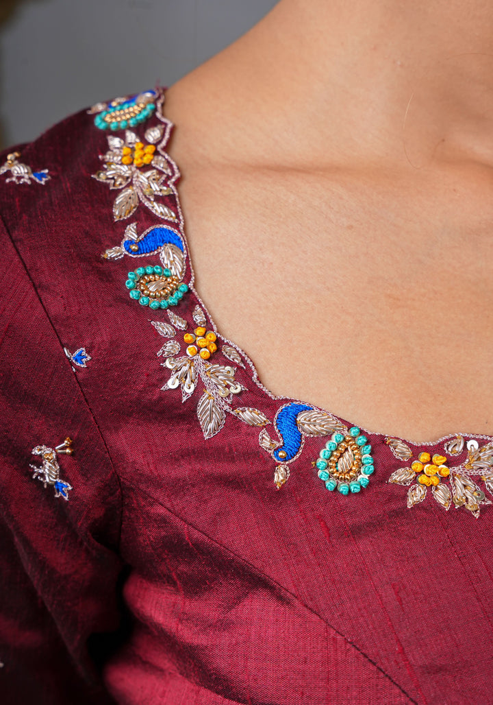 Made To Order: Maroon Pure Raw Silk Heavy Hand work Meenakari and Zardosi Peacock Design Blouse