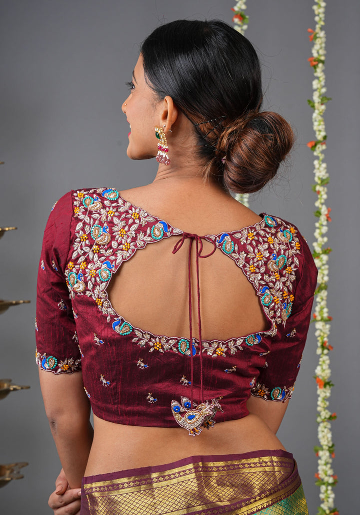 Made To Order: Maroon Pure Raw Silk Heavy Hand work Meenakari and Zardosi Peacock Design Blouse