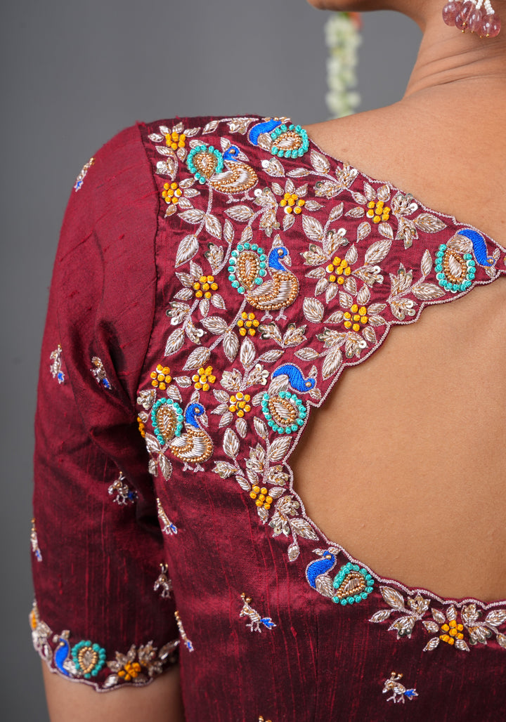 Made To Order: Maroon Pure Raw Silk Heavy Hand work Meenakari and Zardosi Peacock Design Blouse