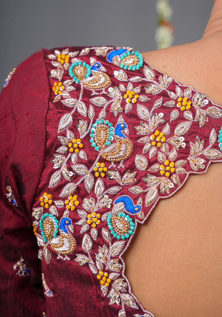 Made To Order: Maroon Pure Raw Silk Heavy Hand work Meenakari and Zardosi Peacock Design Blouse