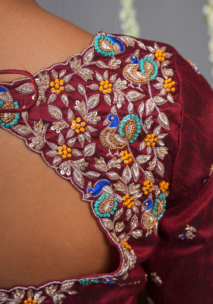 Made To Order: Maroon Pure Raw Silk Heavy Hand work Meenakari and Zardosi Peacock Design Blouse