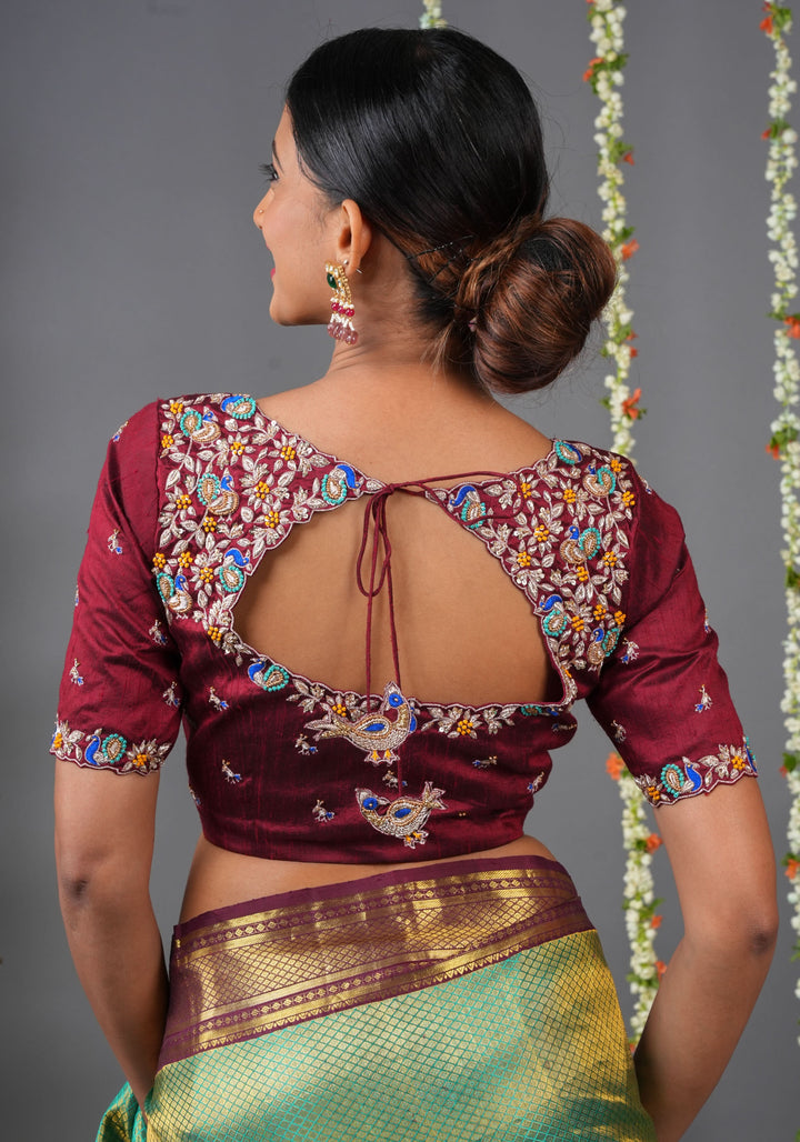 Made To Order: Maroon Pure Raw Silk Heavy Hand work Meenakari and Zardosi Peacock Design Blouse