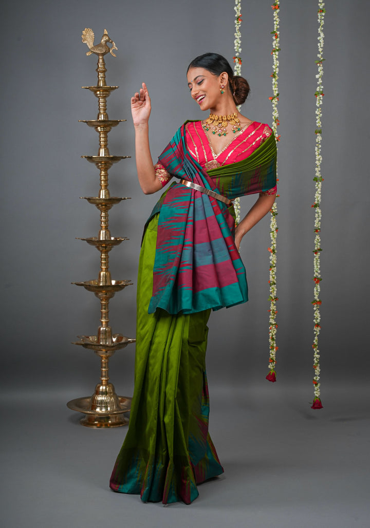 Sap Green Tone and Two Color Temple Border on Art Silk Saree With Double color Indian kotki design Pallu | SHOBITAM