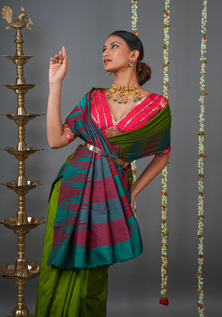 Sap Green Tone and Two Color Temple Border on Art Silk Saree With Double color Indian kotki design Pallu | SHOBITAM