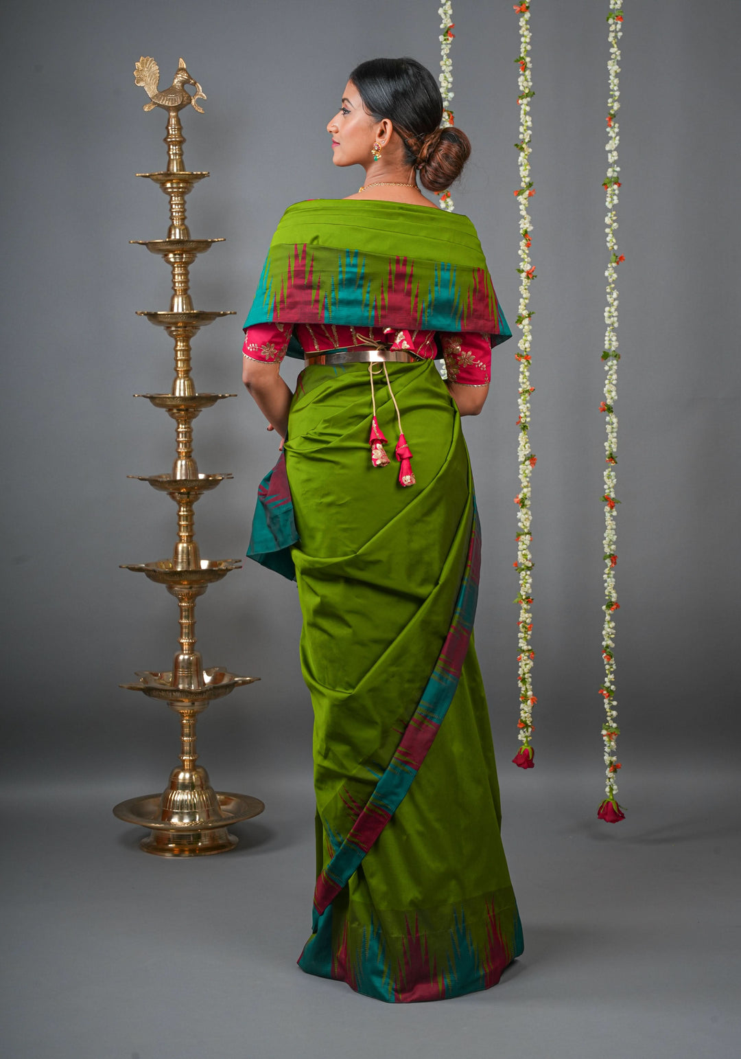 Sap Green Tone and Two Color Temple Border on Art Silk Saree With Double color Indian kotki design Pallu | SHOBITAM