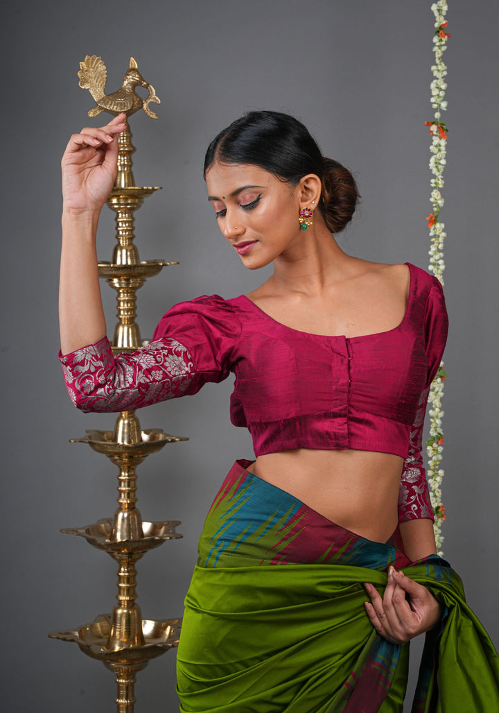 Made To Order: Magenta Pure Raw Silk Blouse with Puff Sleeves and Banarasi Brocade Detailing