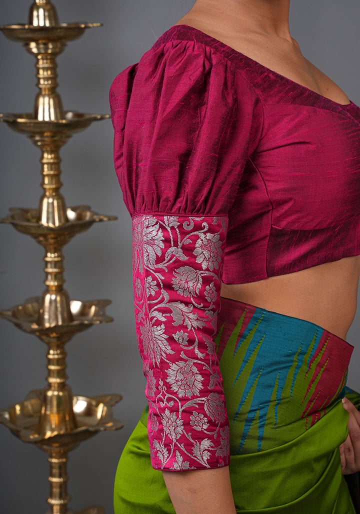 Made To Order: Magenta Pure Raw Silk Blouse with Puff Sleeves and Banarasi Brocade Detailing