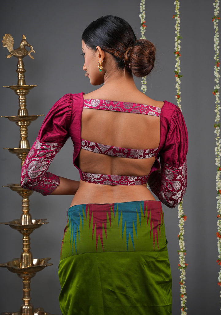 Made To Order: Magenta Pure Raw Silk Blouse with Puff Sleeves and Banarasi Brocade Detailing